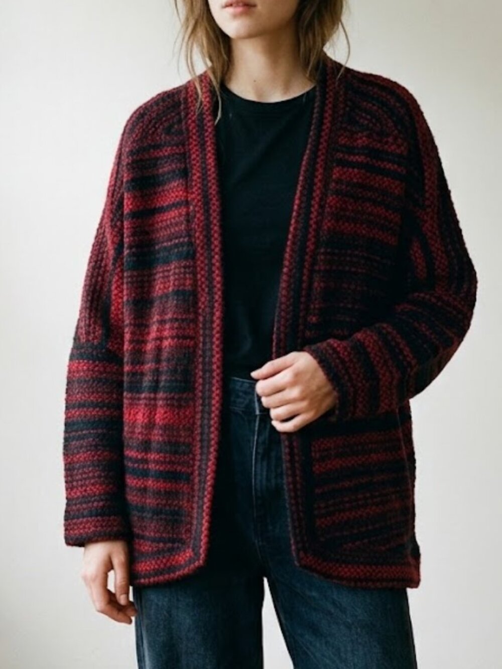 NWT Zara Trafaluc Chunky Knit Star Pattern Cardigan Sweater Burgundy Black M